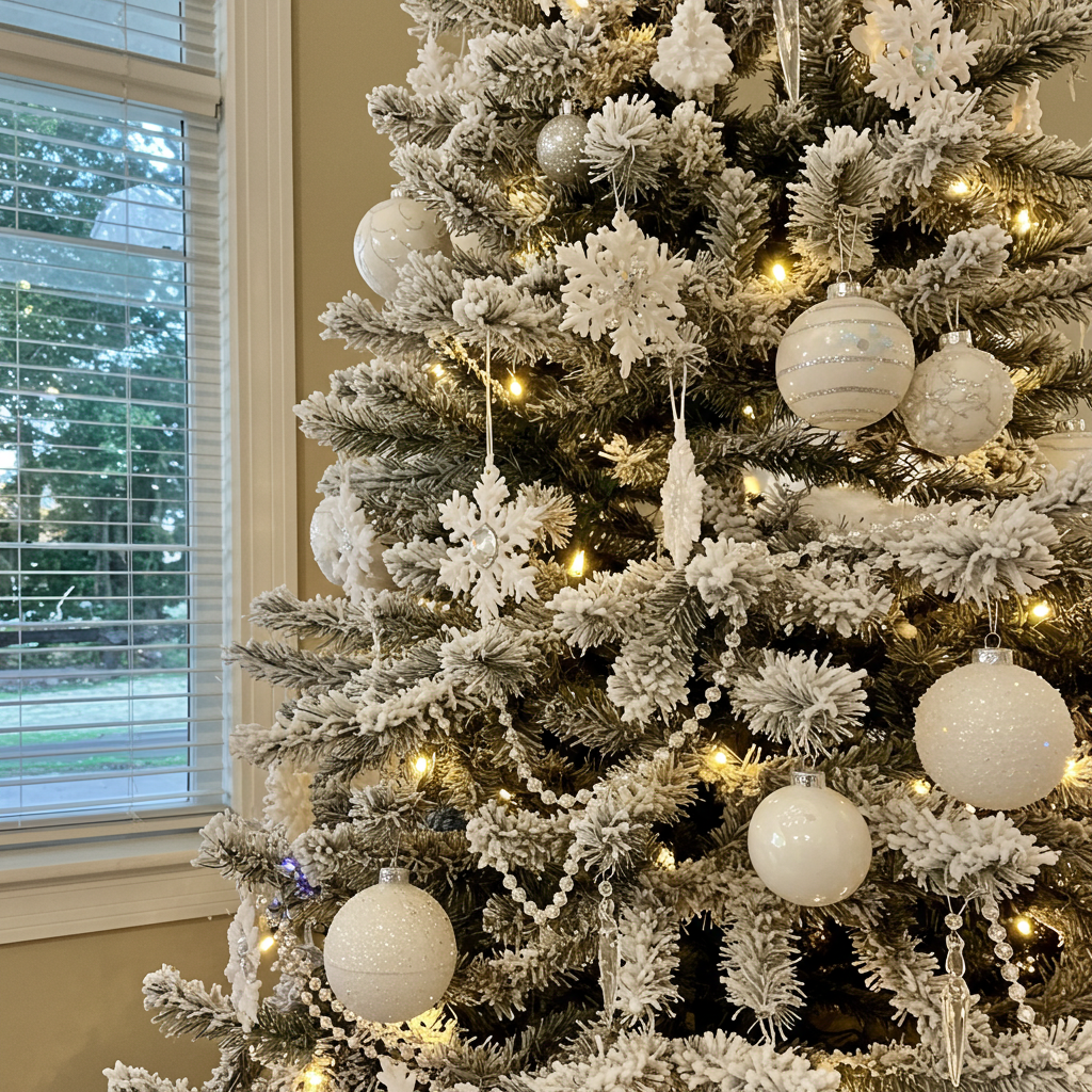 Elegant White Winter
Cover your tree in white ornaments, silver tinsel, and snowflake shapes. Use cool white or blue lights for a magical snow-covered effect.
Include faux snow spray on branches for a frosted look. Hang crystal icicles and pearl garlands to emphasize a dazzling winter wonderland theme.