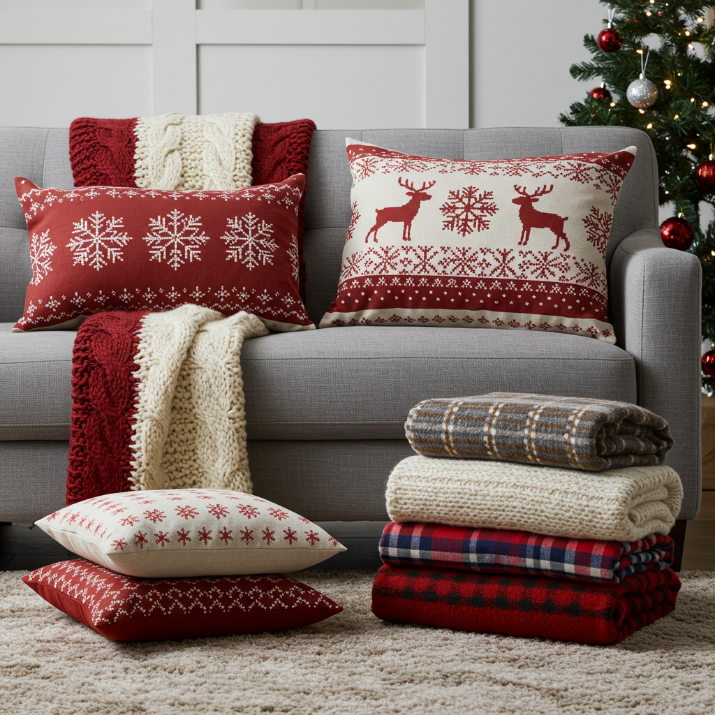 Holiday-Themed Throw Pillows and Blankets. Swapping out your cushions for Christmas-themed covers is a subtle touch. Look for covers with patterns like snowflakes, reindeer, or plaid.
Cozy blankets with winter colors enhance warmth.
Mix textures – velvet, knit, or faux fur.