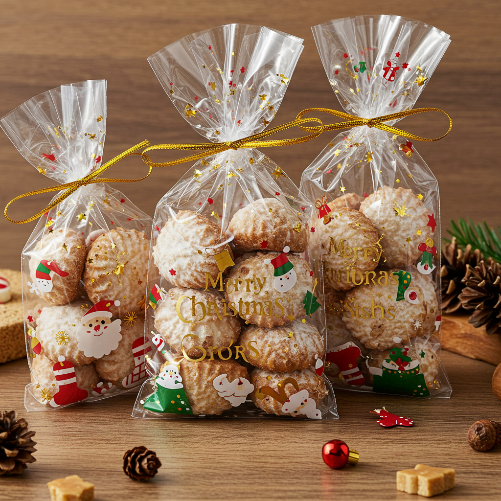 Transparent Christmas Themed Bags with Gold Twist Tie