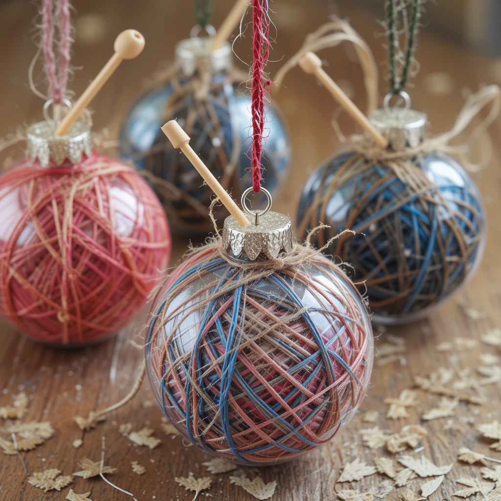 Yarn Ball Ornaments with "Knitting Needles"