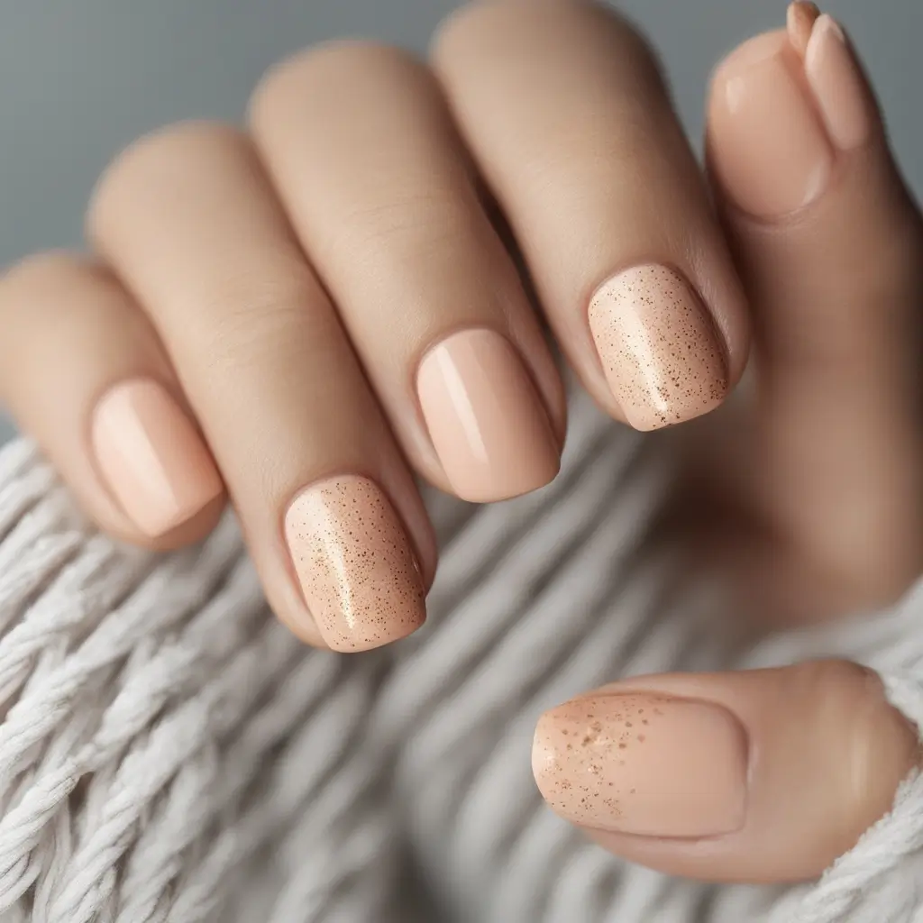 Soft Peach Nails with Gold Speckles