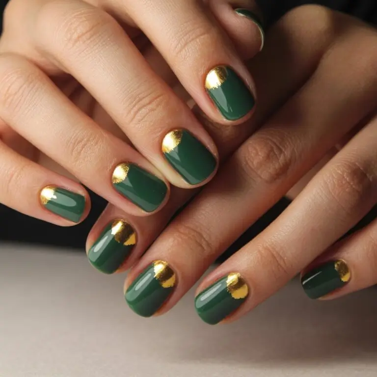 Forest Green Nails with Gold Leaf Half Moon