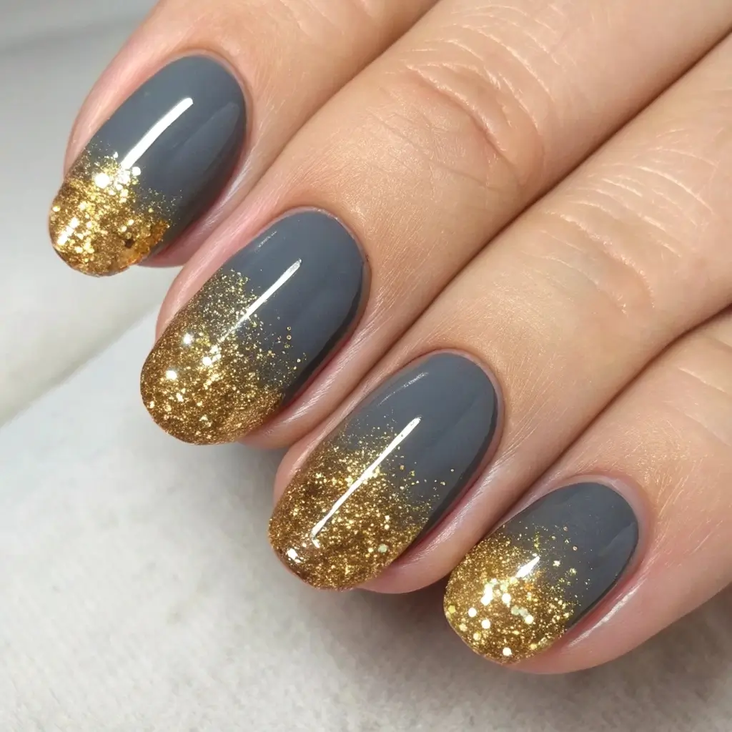Smoky Gray Nails with Gold Glitter Gradient