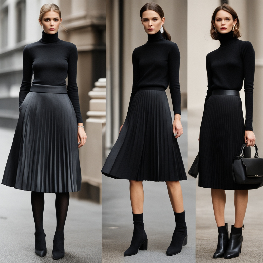 Black Turtleneck and Pleated Skirt