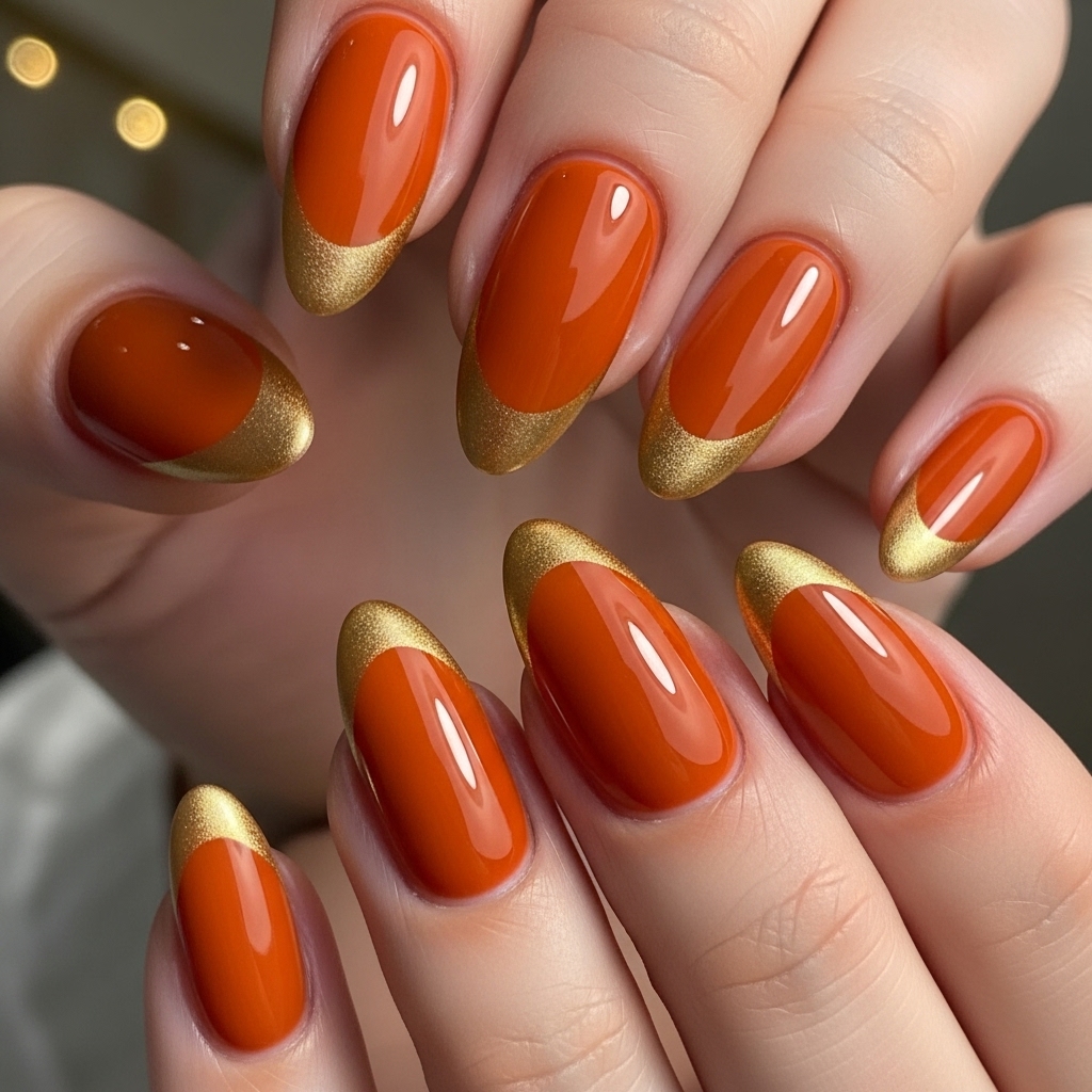 Burnt Orange Nails and Gold French Manicure