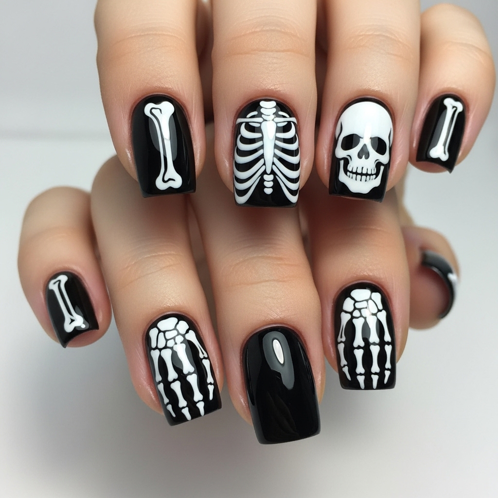 Classic Black and White Skeleton Nails