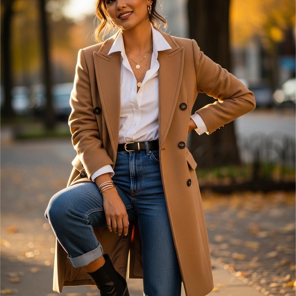 Classic Camel Coat with Crisp White Shirt