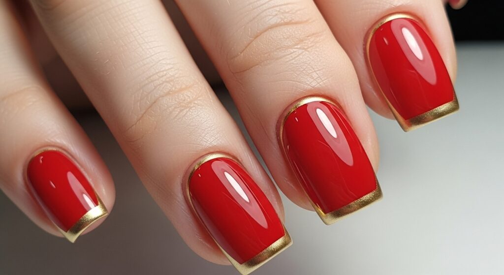  Classic Red Nails with Thin Gold Borders