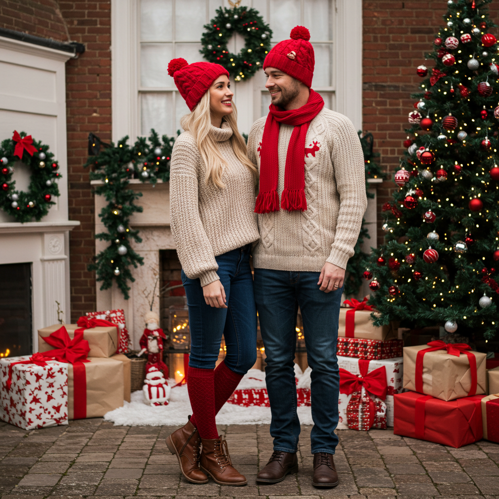 Coordinated Neutral Tones with Pops of Red