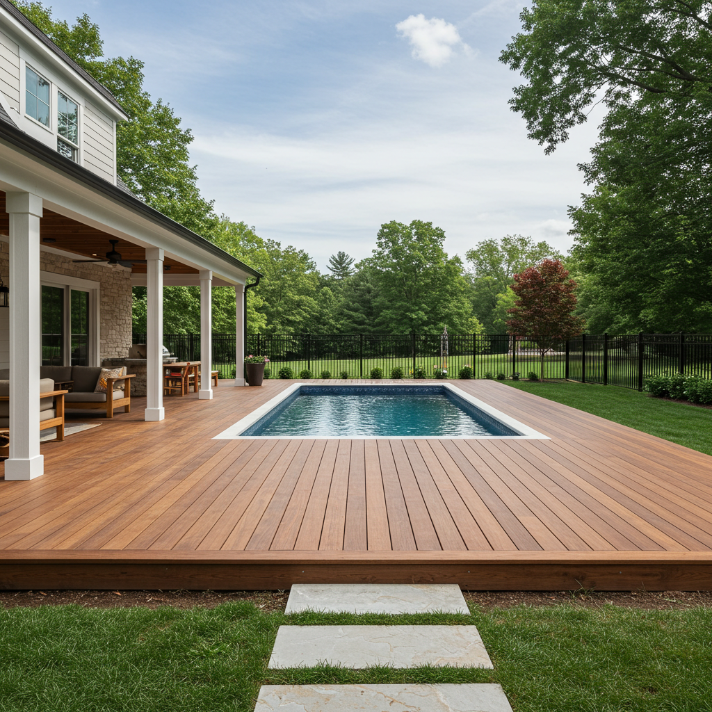 Decking- Wood decking can give your farmhouse backyard with pool a cozy and natural look. It's easy to work with and offers a warm feel underfoot, making it a popular choice for many homeowners.
Stone decking adds a touch of elegance and durability to your pool area. It can withstand harsh weather conditions and provides a slip-resistant surface, ensuring safety while enhancing the overall aesthetic.