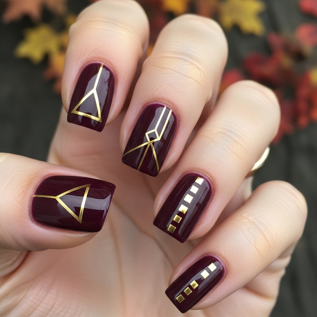 Deep Plum Nails with Gold Geometric Shapes