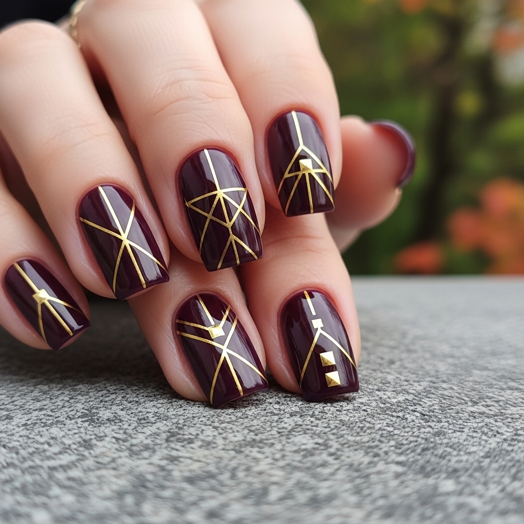 Deep Plum Nails with Gold Geometric Shapes