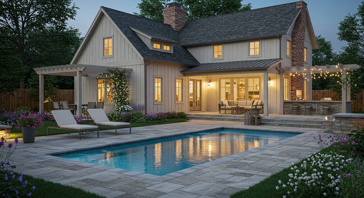 Farmhouse Backyard with Pool Ideas
