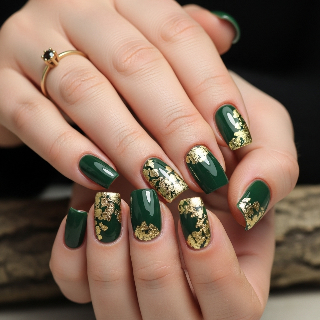Forest Green Nails with Gold Leaf Half Moon