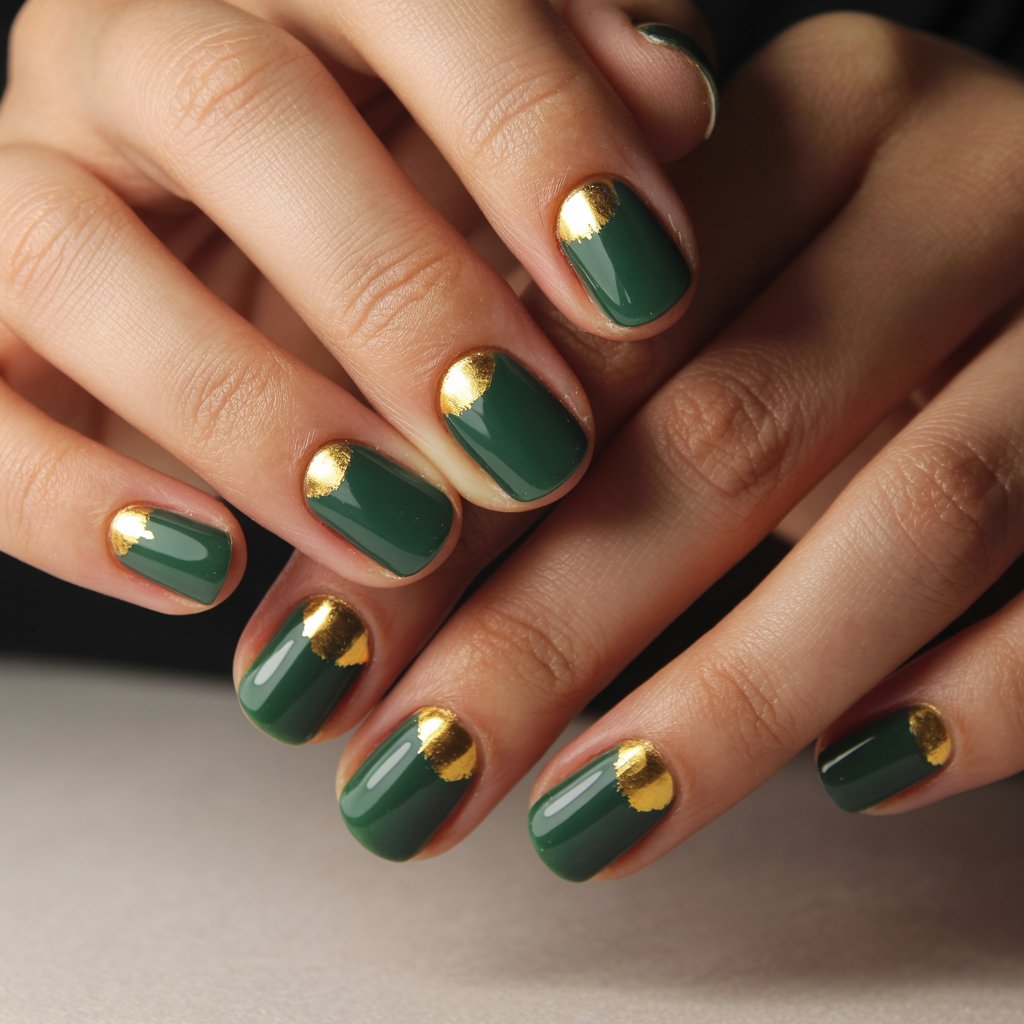Forest Green Nails with Gold Leaf Half Moon