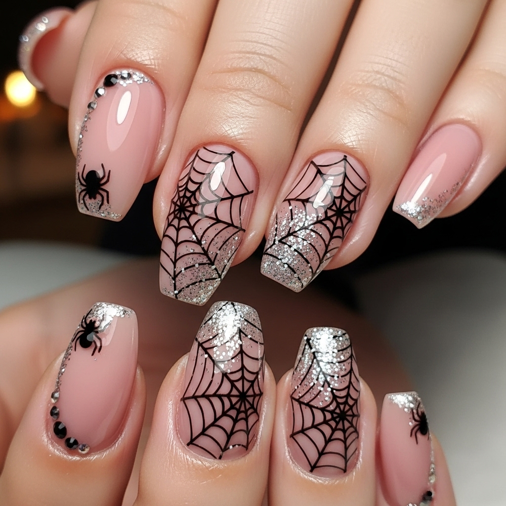 Glittery Spider Web Accents
Add black spider web decals on a nude or pastel base with glitter highlights for short nails that pop with spooky elegance.