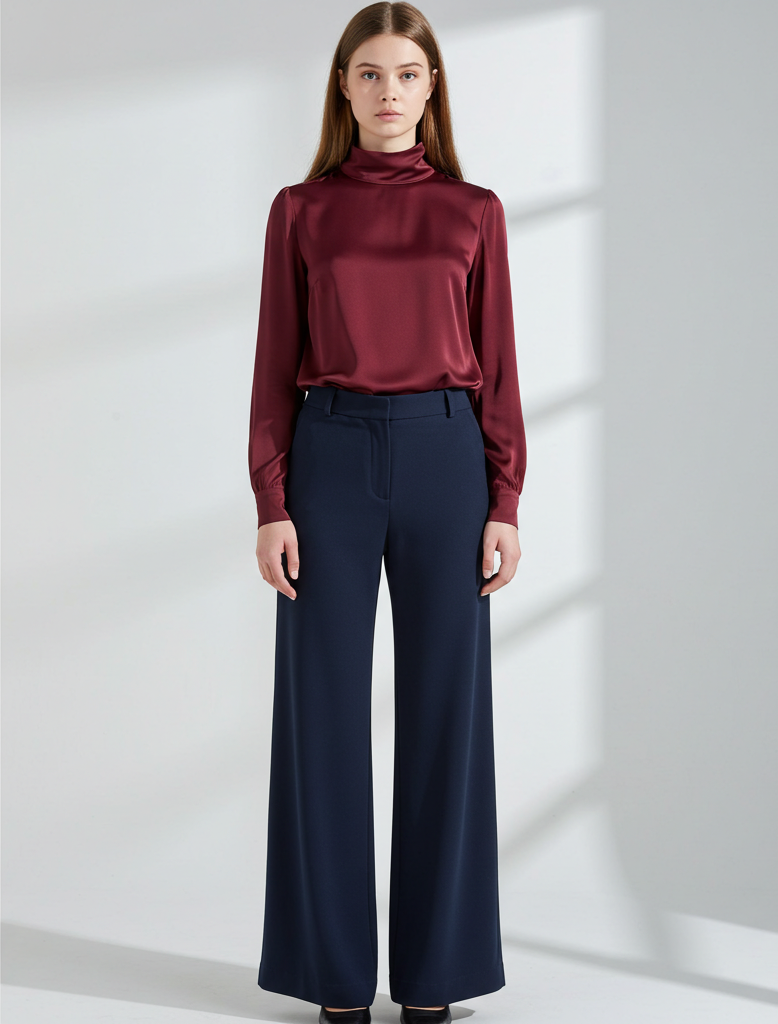 High-Neck Blouse with Wide-Leg Trousers