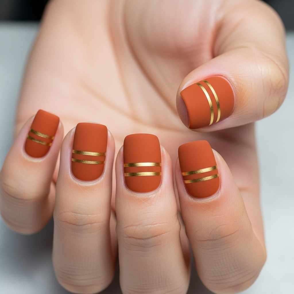 Matte Rust Nails with Fine Gold Stripes