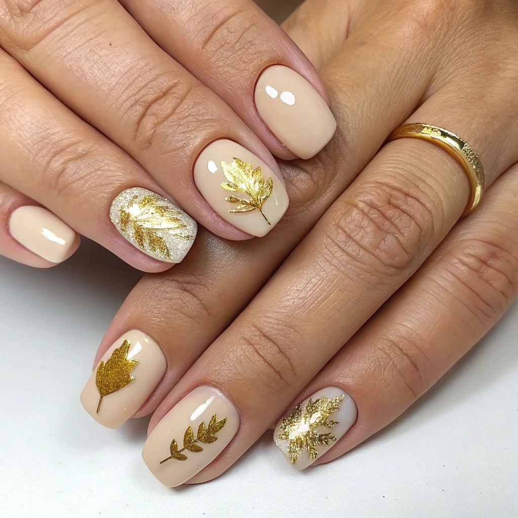 Nude Base with Gold Leaf Detailing on Accent Nails