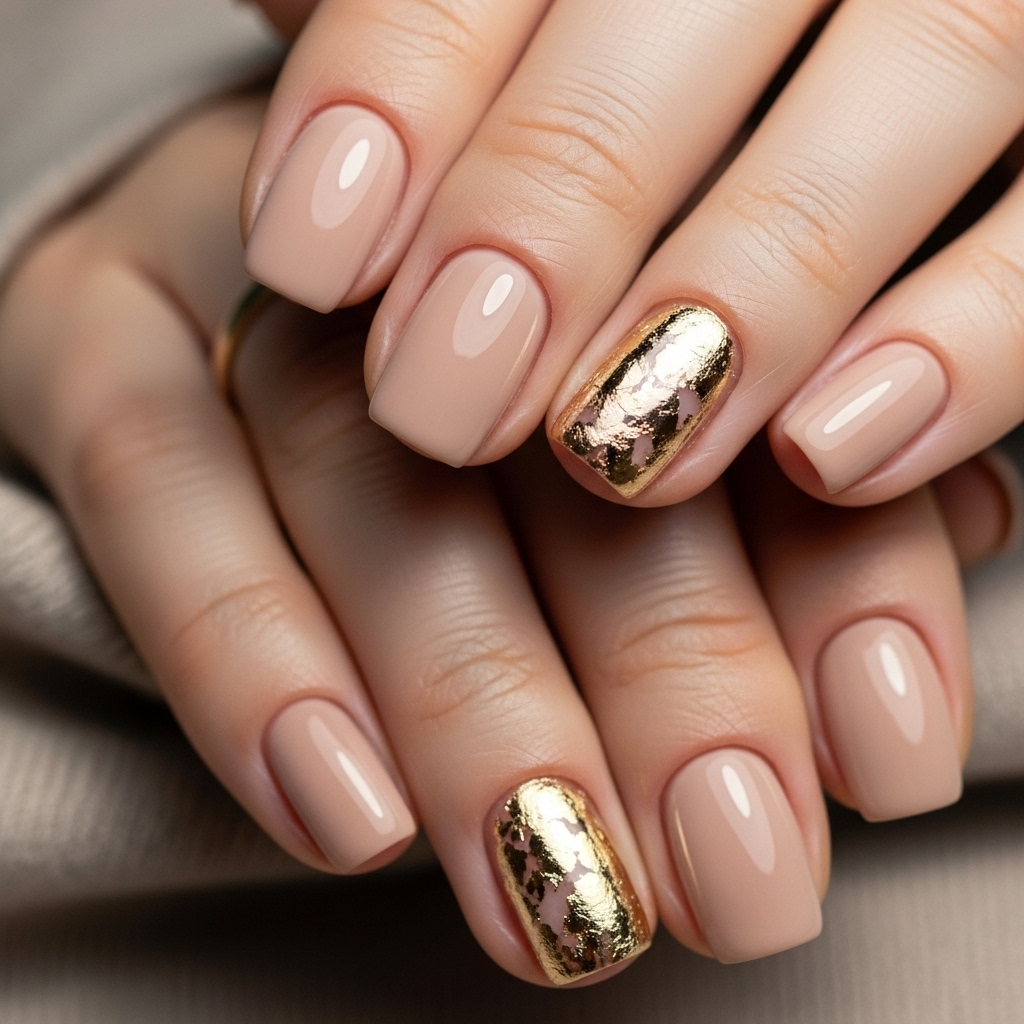 Nude Base with Gold Leaf Detailing on Accent Nails