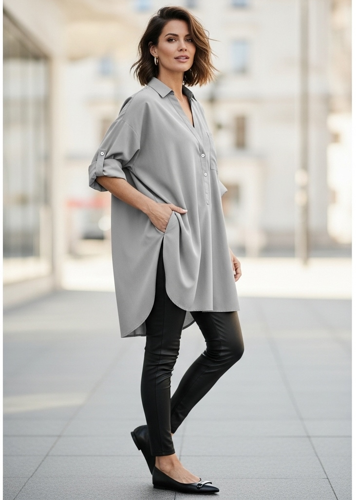 Oversized Button-Up Shirt with Leather Leggings