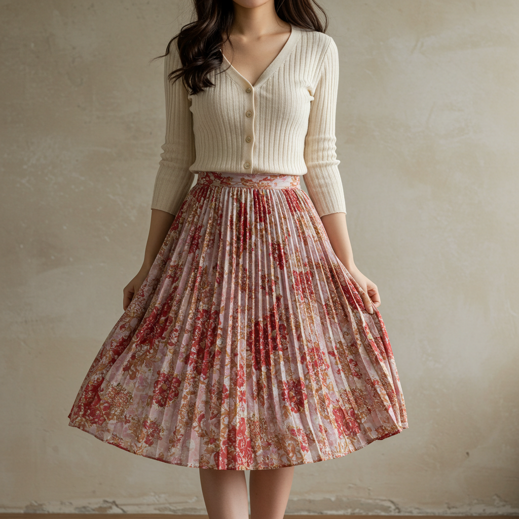 Pleated Skirt with Button-Down Cardigan