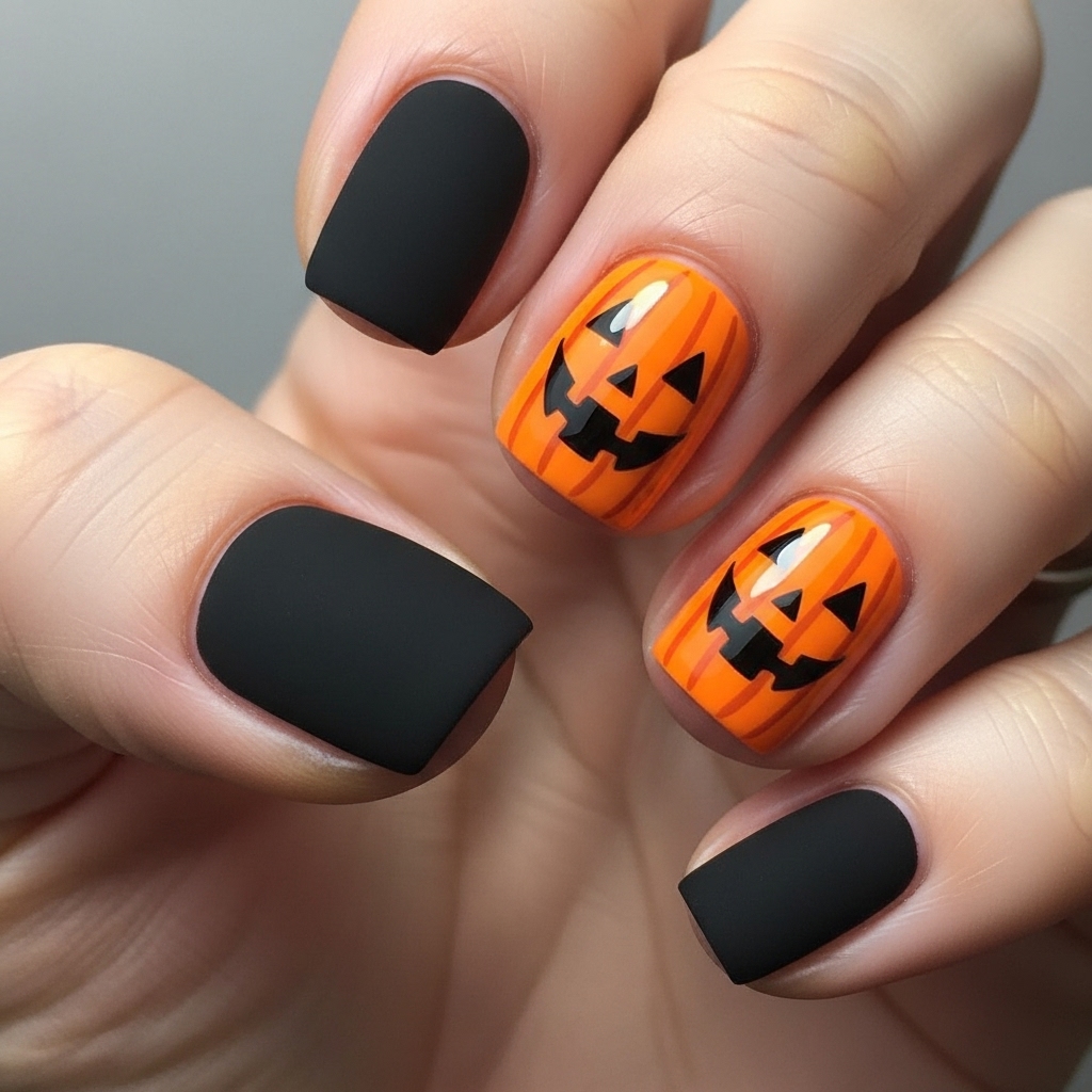 Pumpkin Face Smileys on Accent Nails