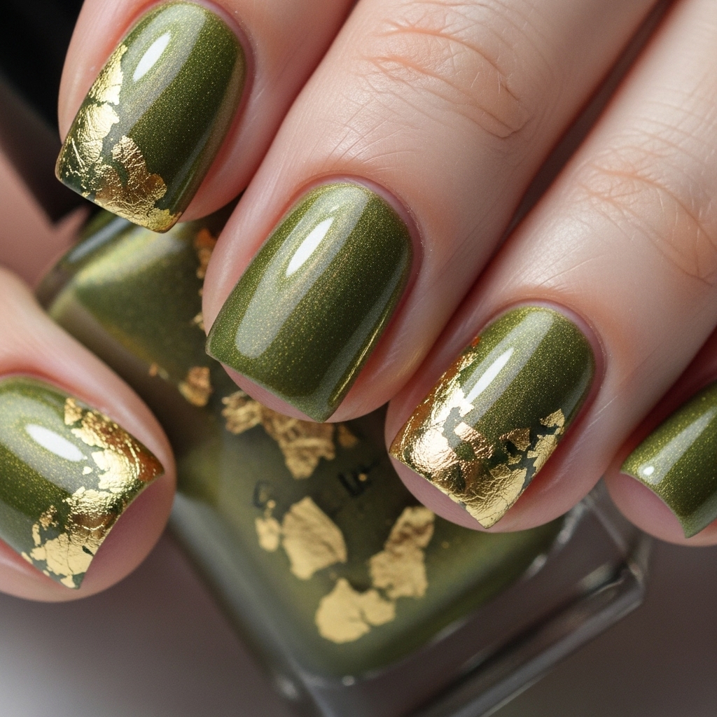 Shimmery Olive Green with Gold Leaf Accents