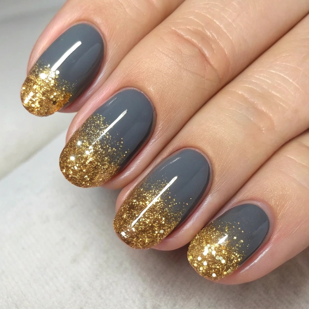 Smoky Gray Nails with Gold Glitter Gradient