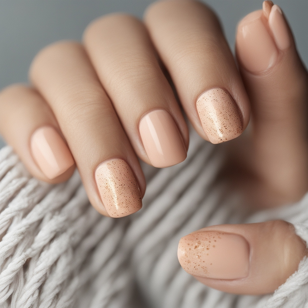 Soft Peach Nails with Gold Speckles