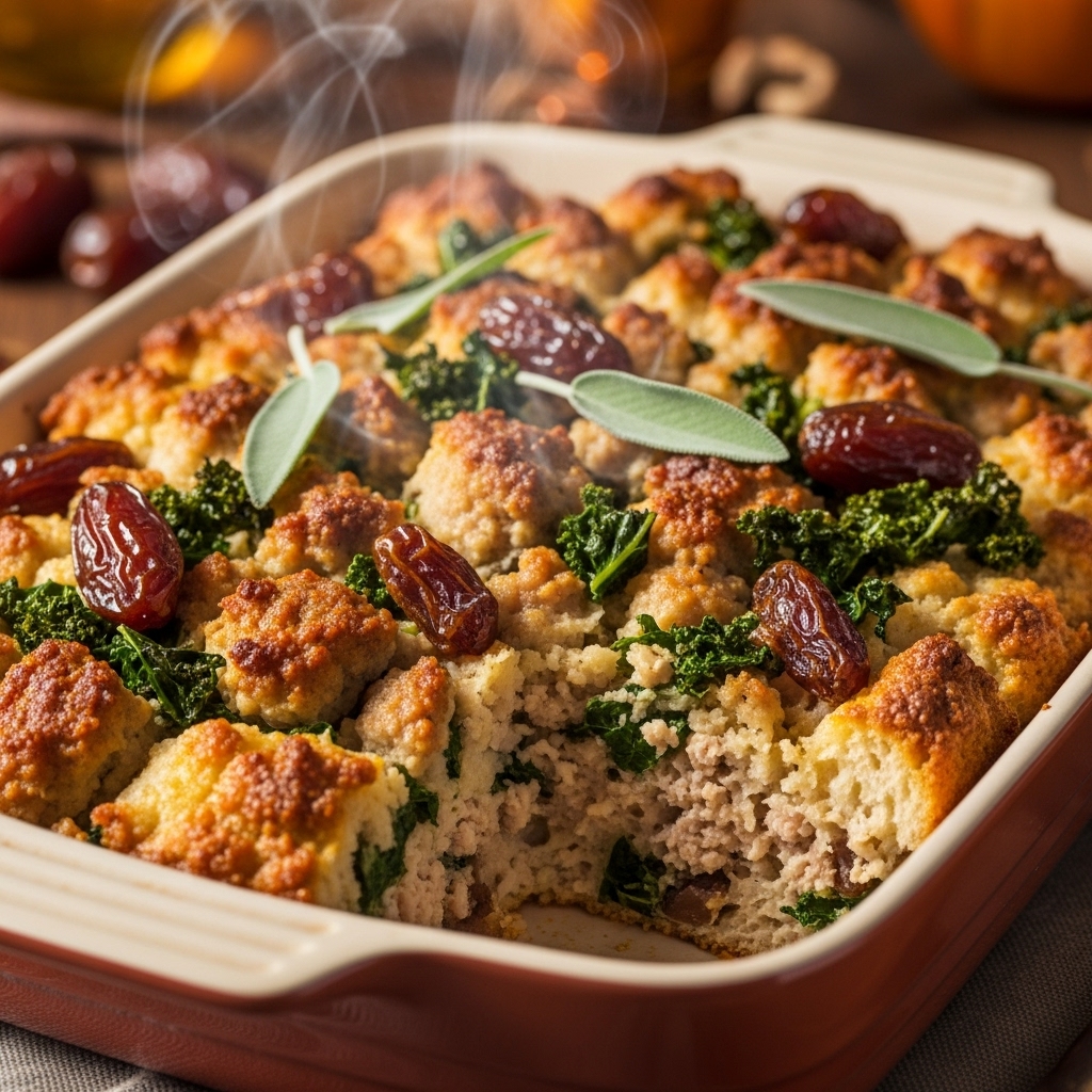 Sourdough Stuffing with Kale, Dates & Turkey Sausage