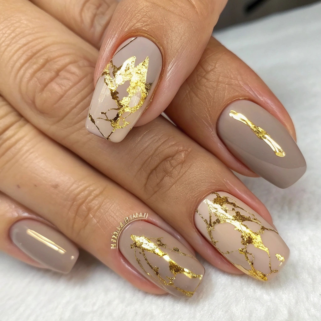 Taupe Nails with Gold Foil Marble Effect