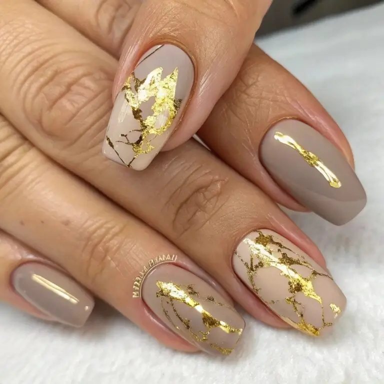 Taupe Nails with Gold Foil Marble Effect