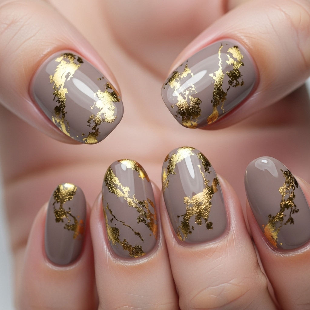 Taupe Nails with Gold Foil Marble Effect