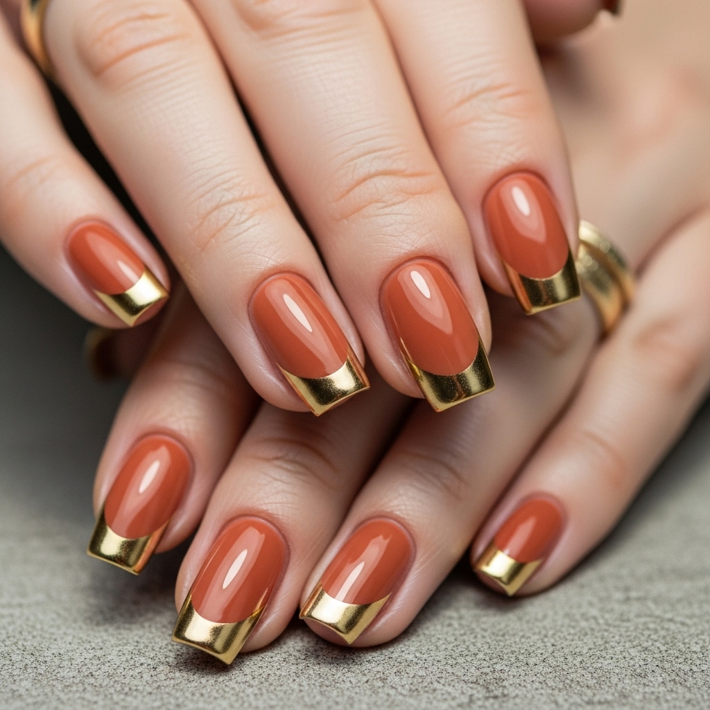 Terracotta Nails with Metallic Gold Tips