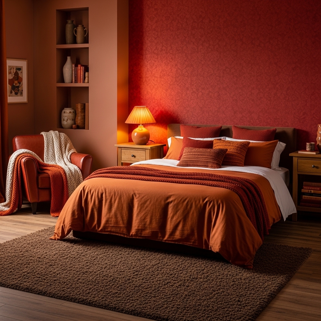 Warm Color Palette
Adding deep reds, oranges, and browns to your bedroom can make it feel warm and inviting. These colors are perfect for creating a cozy atmosphere, especially during the winter months when you want your space to feel snug and comfortable.
