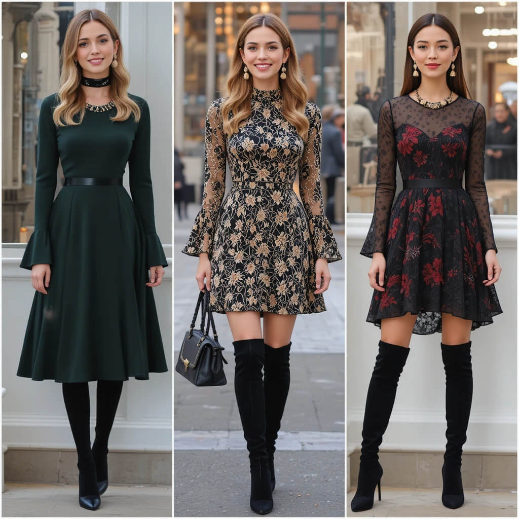 Bell Sleeve Dresses with Knee-High Boots