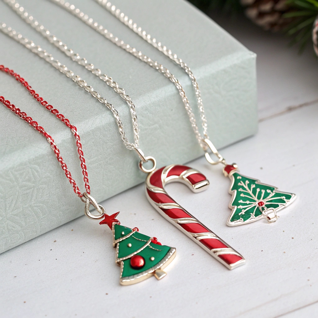 Candy cane or Christmas tree charms on delicate chains