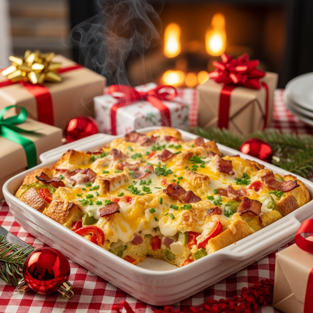 Overnight Christmas Breakfast Casserole with Bell Peppers and Bacon
