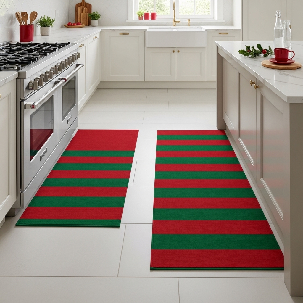 Red and Green Stripes kitchen rugs