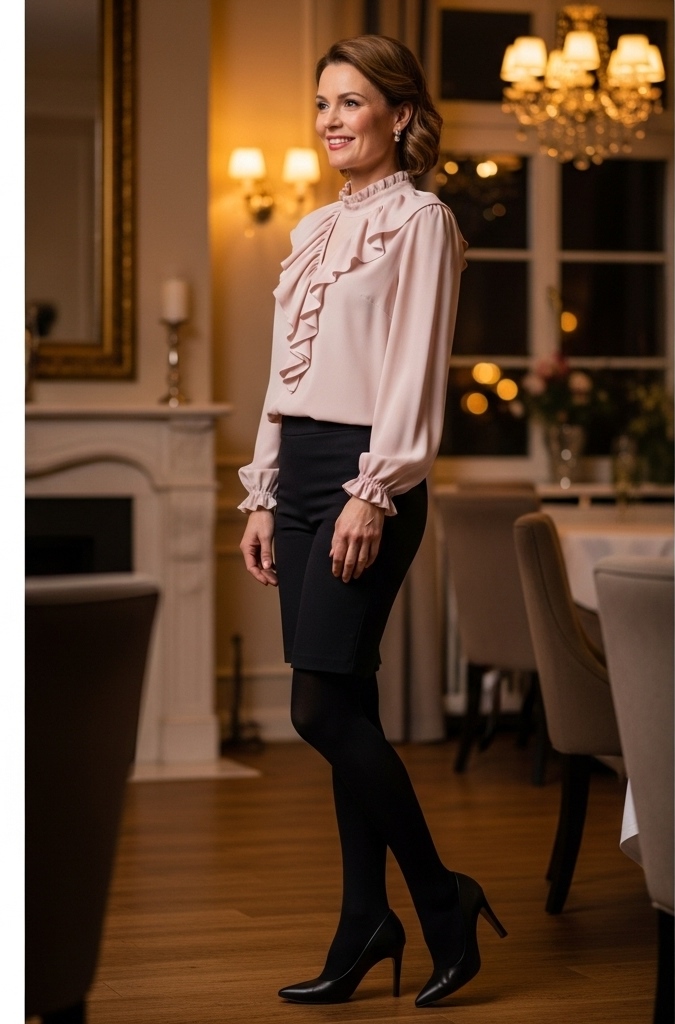 Ruffled Neck Blouses and Black Tights