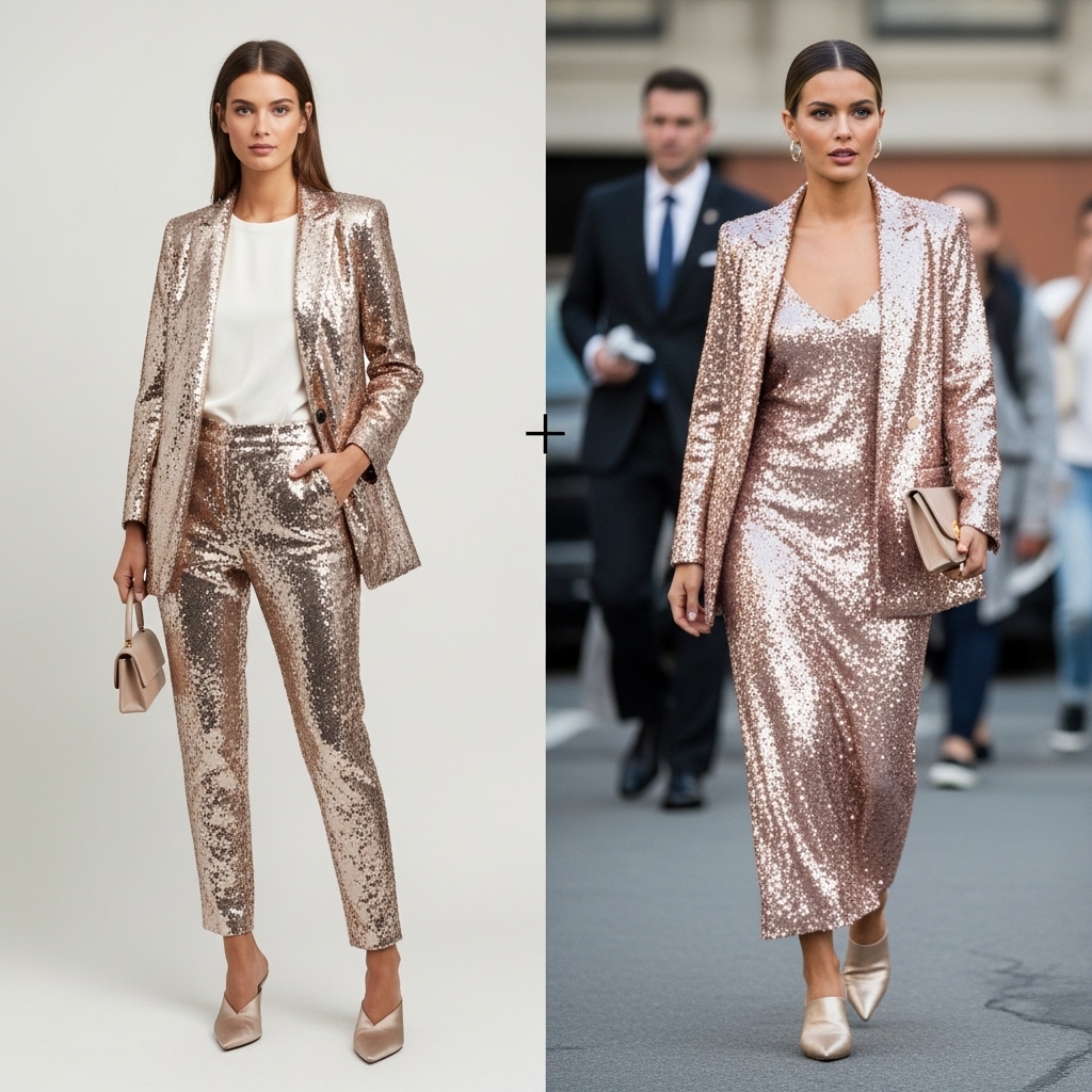Sequined Power Suit + Sparkle Dress