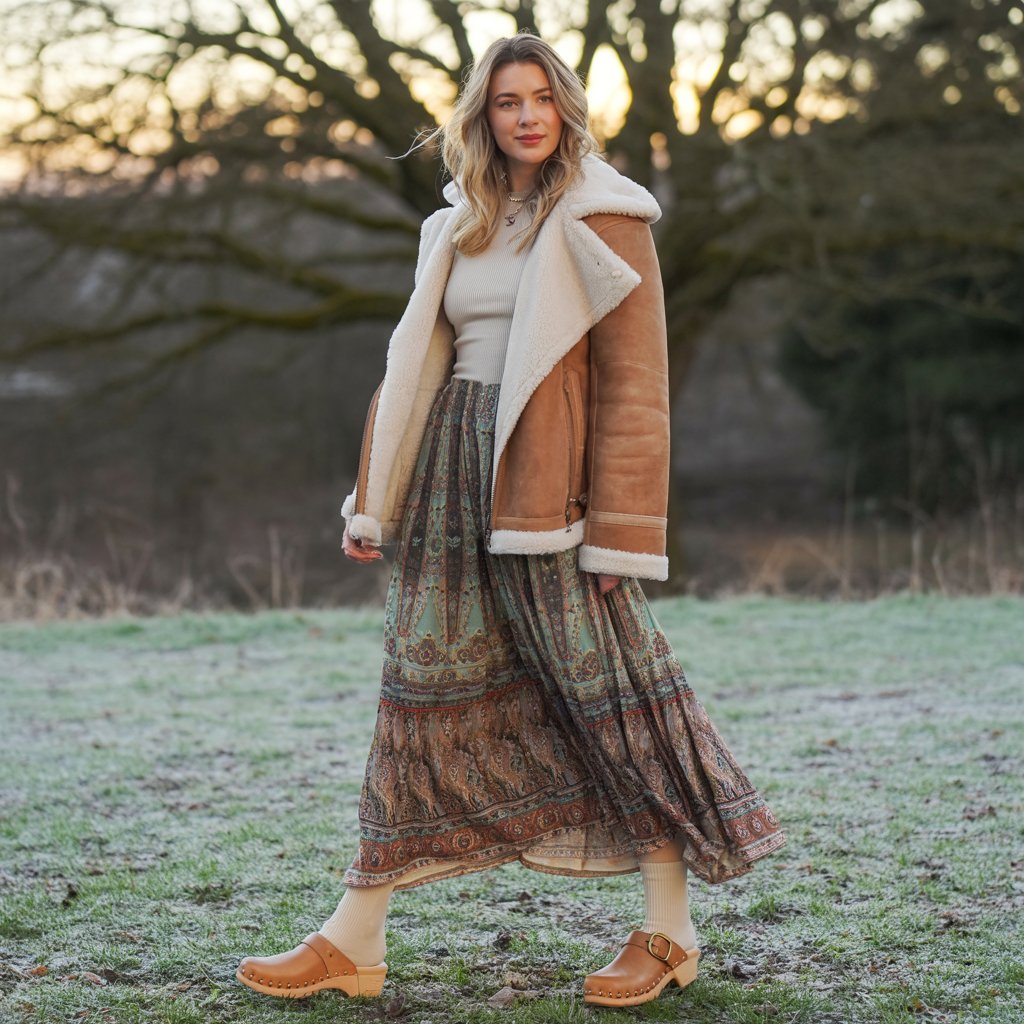 Base Layer + Boho Dress + Shearling Jacket
