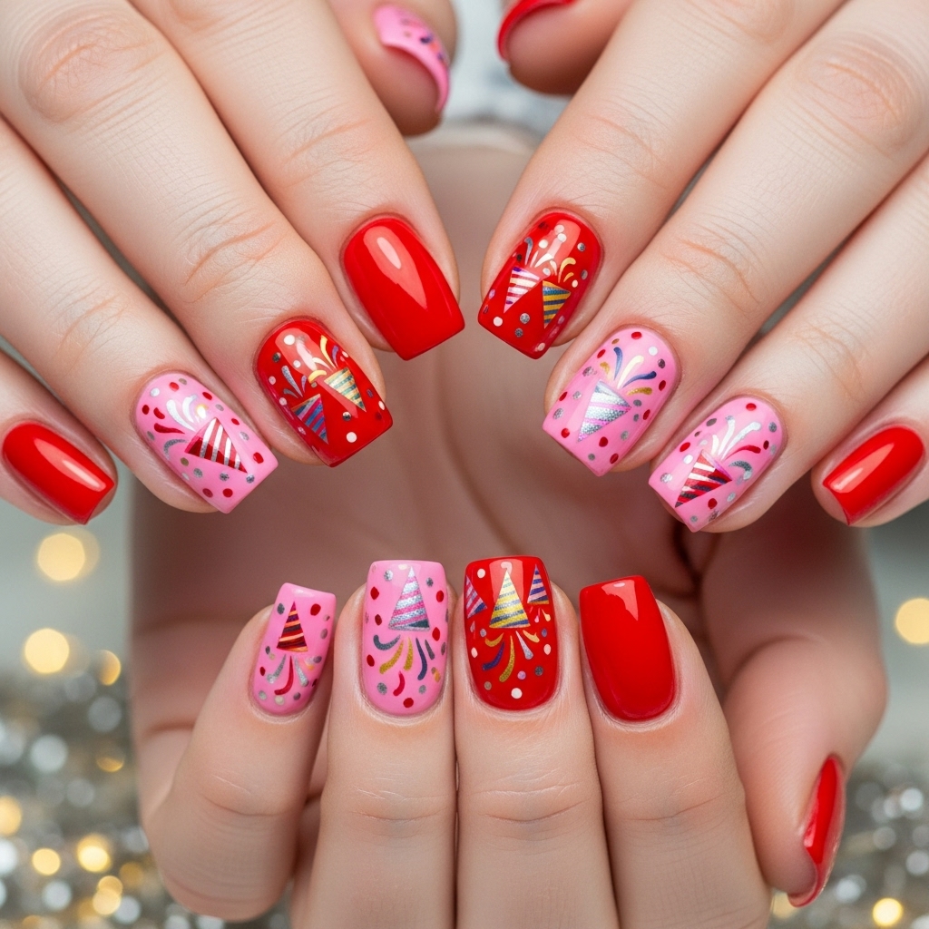 Bold Red & Pink Party Poppers Nails
