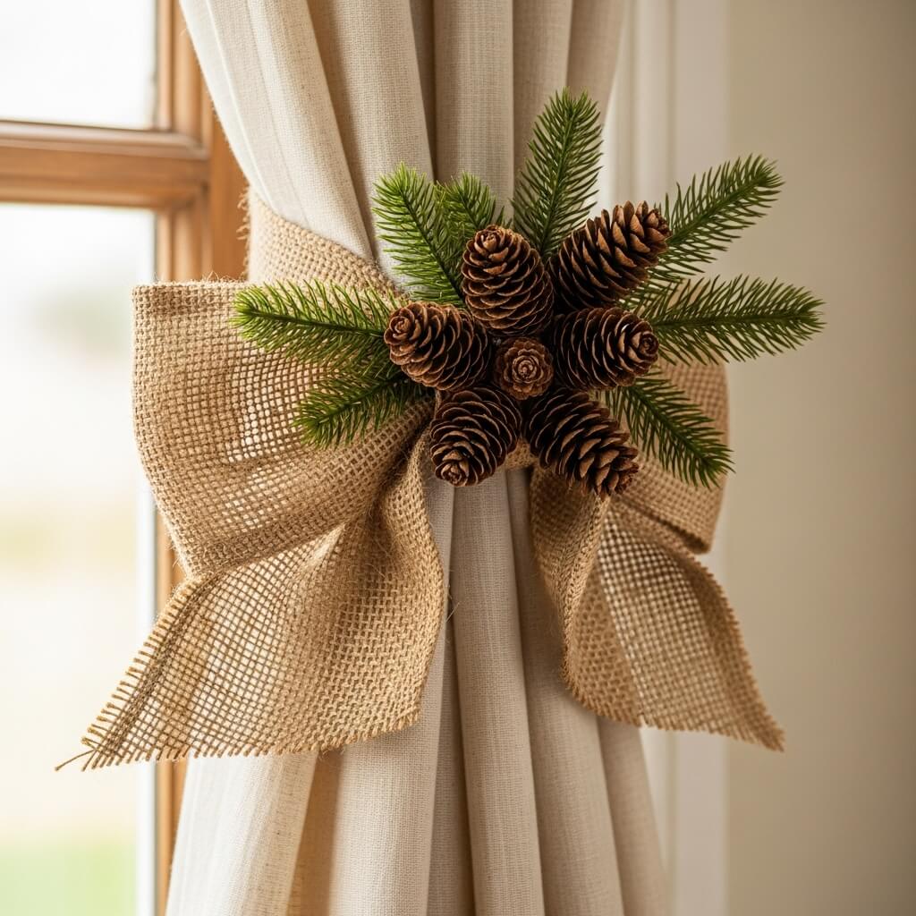 Burlap Tiebacks with Pinecone Decorations
