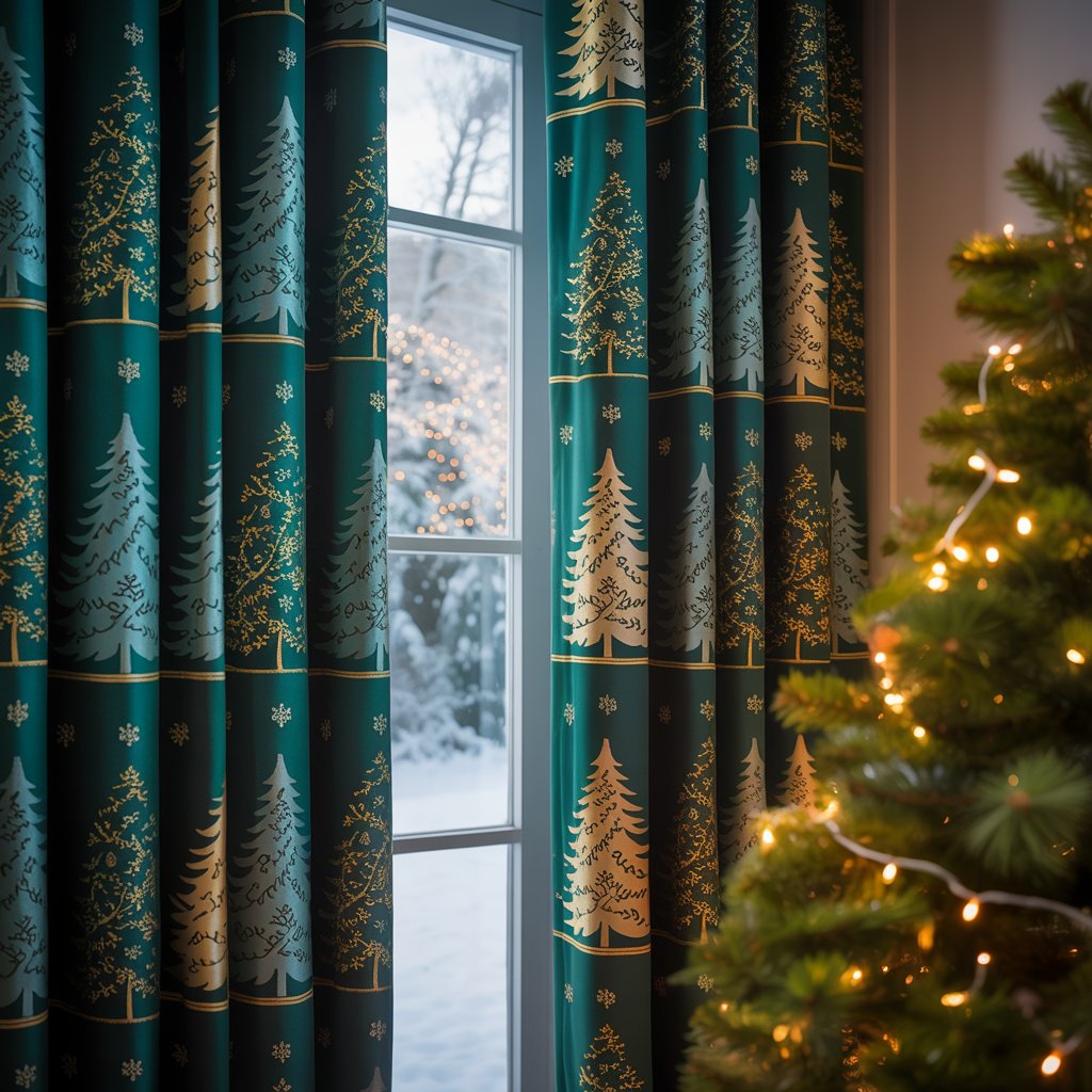 Curtain Panels with Christmas Tree Motifs