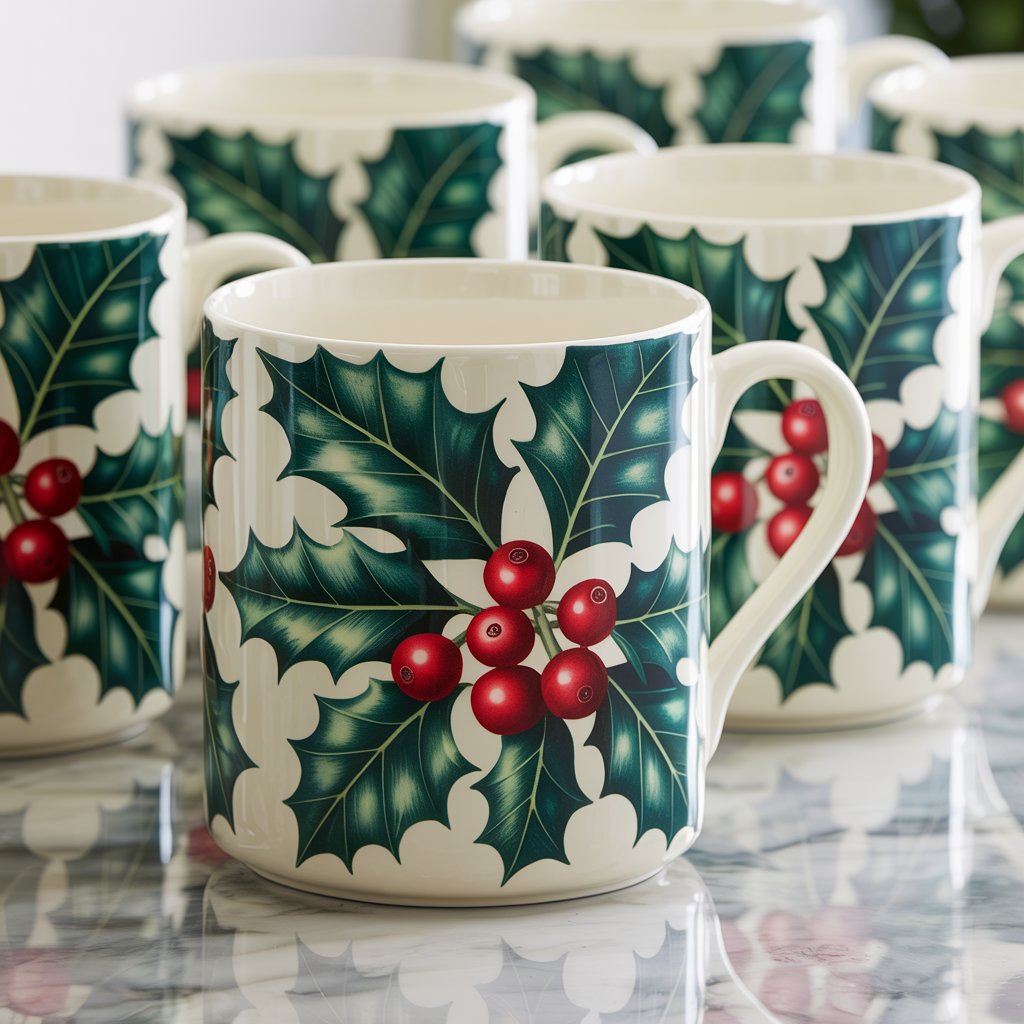 Festive Holly and Berry Pattern Mugs
