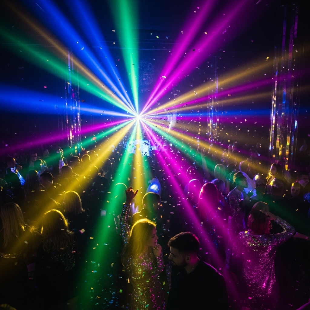 Glam bash: Multicolor with strobes.