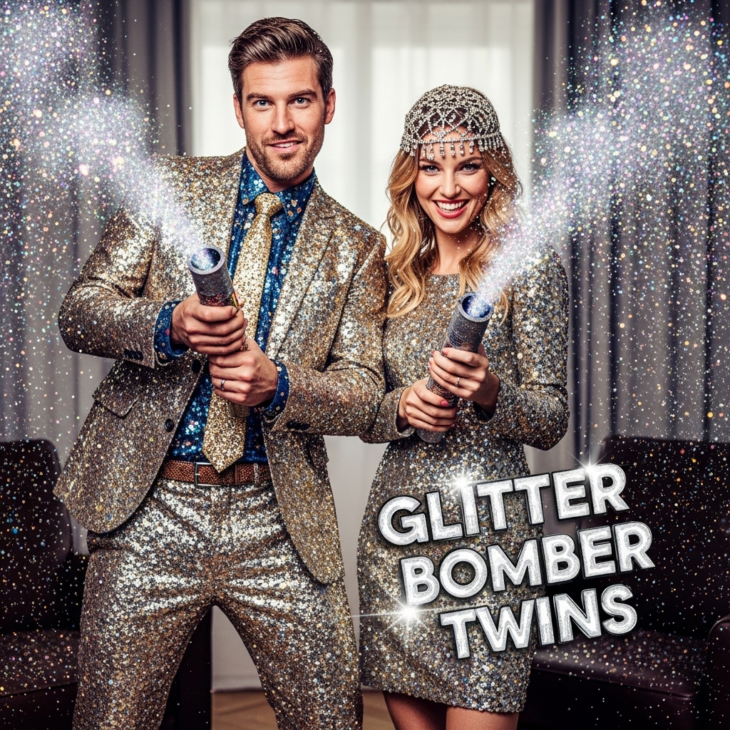 Glitter Bomber Twins couple outfit
