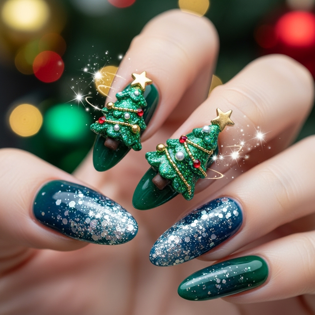 Glittery Christmas Trees nails 
